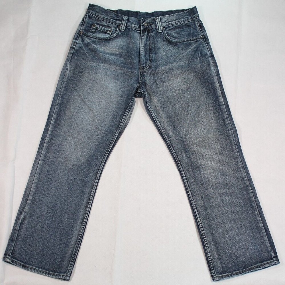 Flypaper Mens 33x30 Distressed Bootcut Denim Blue Jeans